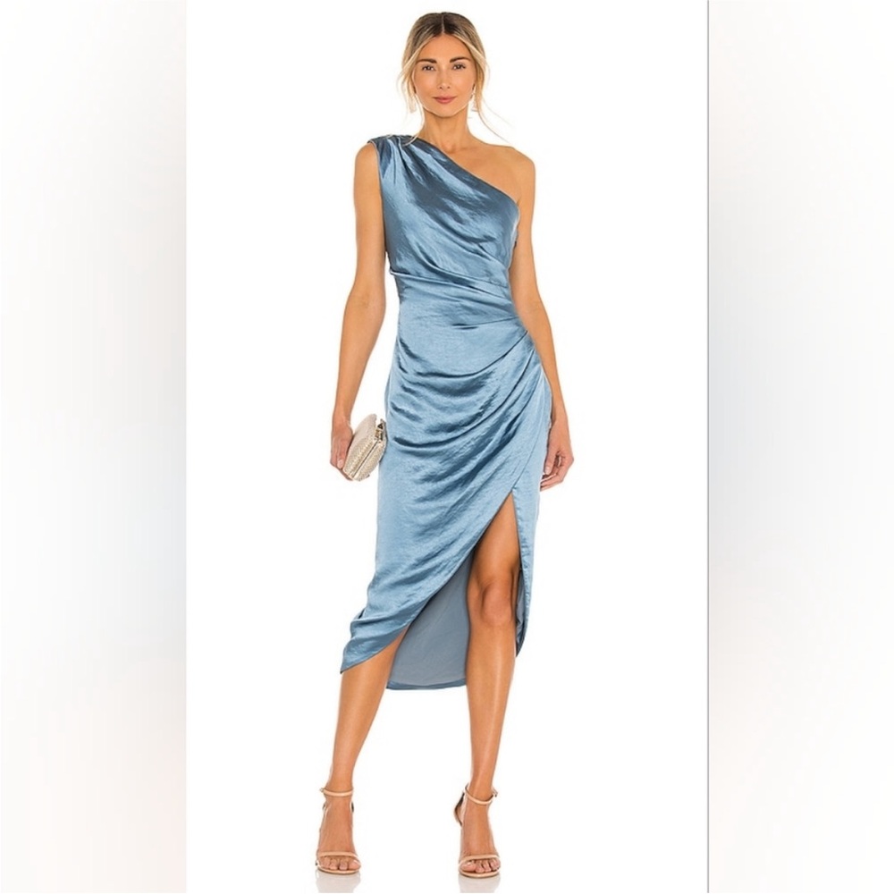 ELLIATT blue hammered satin one shoulder midi dress, size Medium